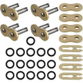 Gold chain master link set with connecting plates, pins, and black O-ring seals