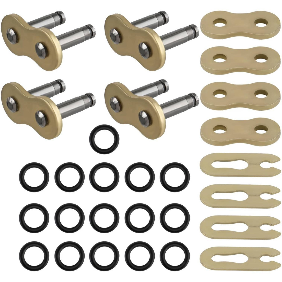 Gold chain master link set with connecting plates, pins, and black O-ring seals