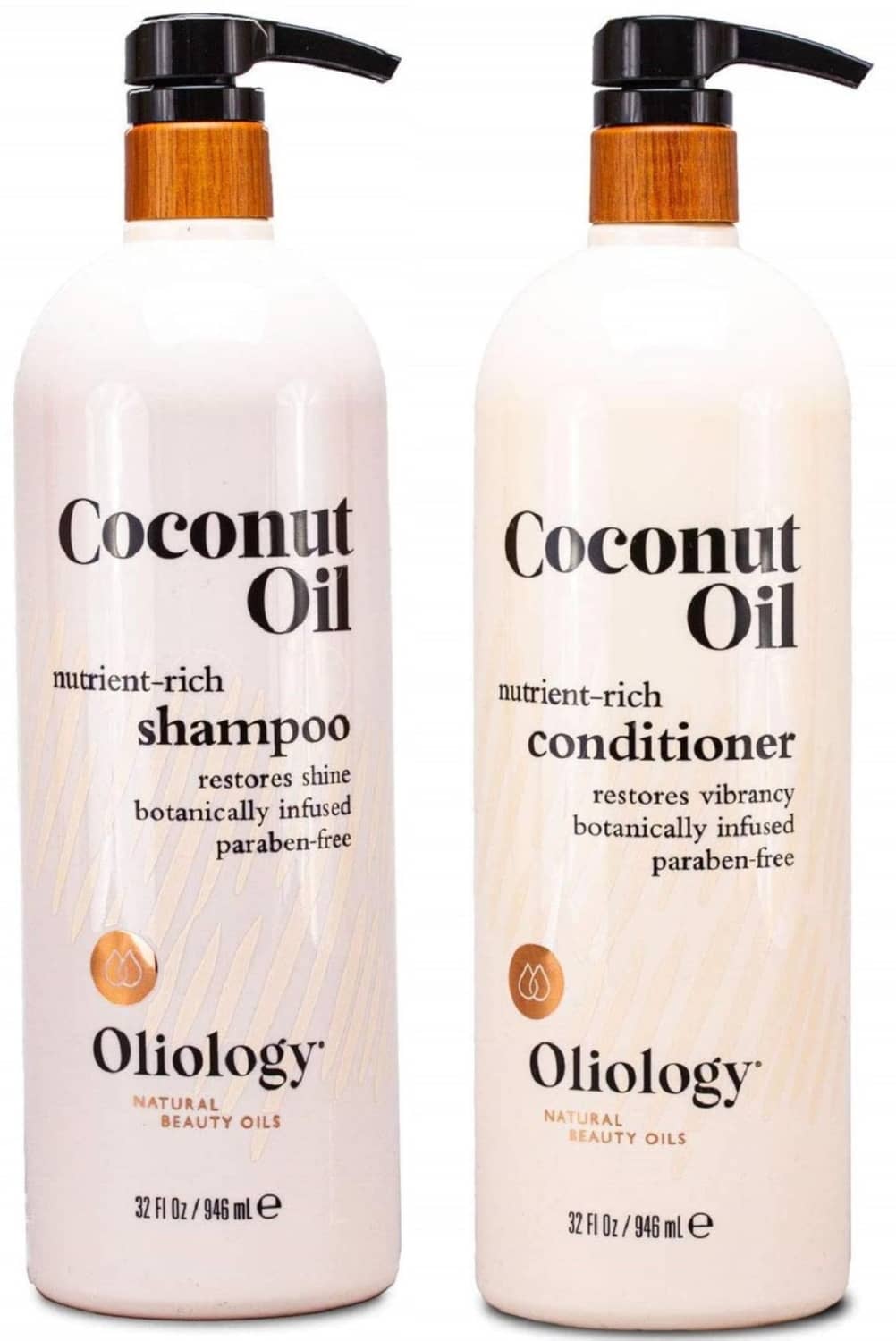 Coconut Oil nutrient-rich shampoo and conditioner bottles, Oliology duo pack