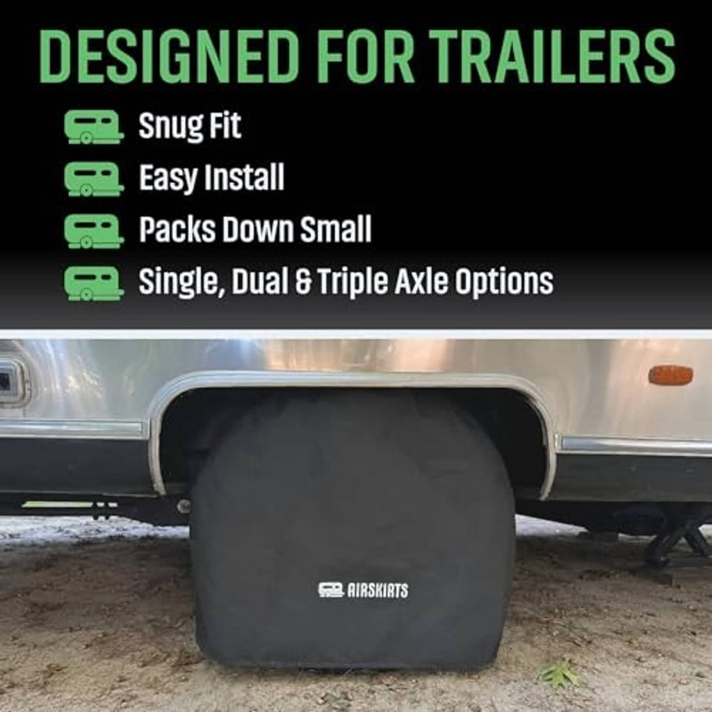 Black trailer tire cover with AIRSKIRTS logo, draped over wheel
