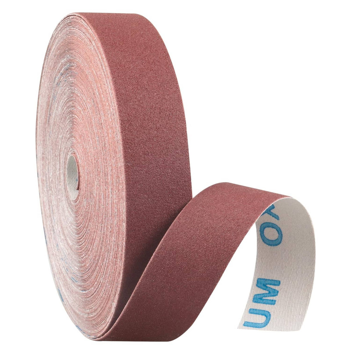 Red 240-grit emery cloth sandpaper roll with extended strip, close-up edge view