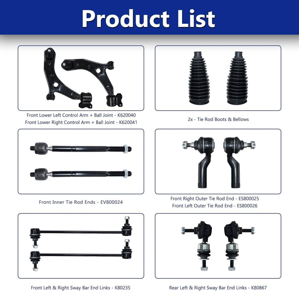 Suspension kit parts set: control arms, tie rod boots, tie rods, sway bar links