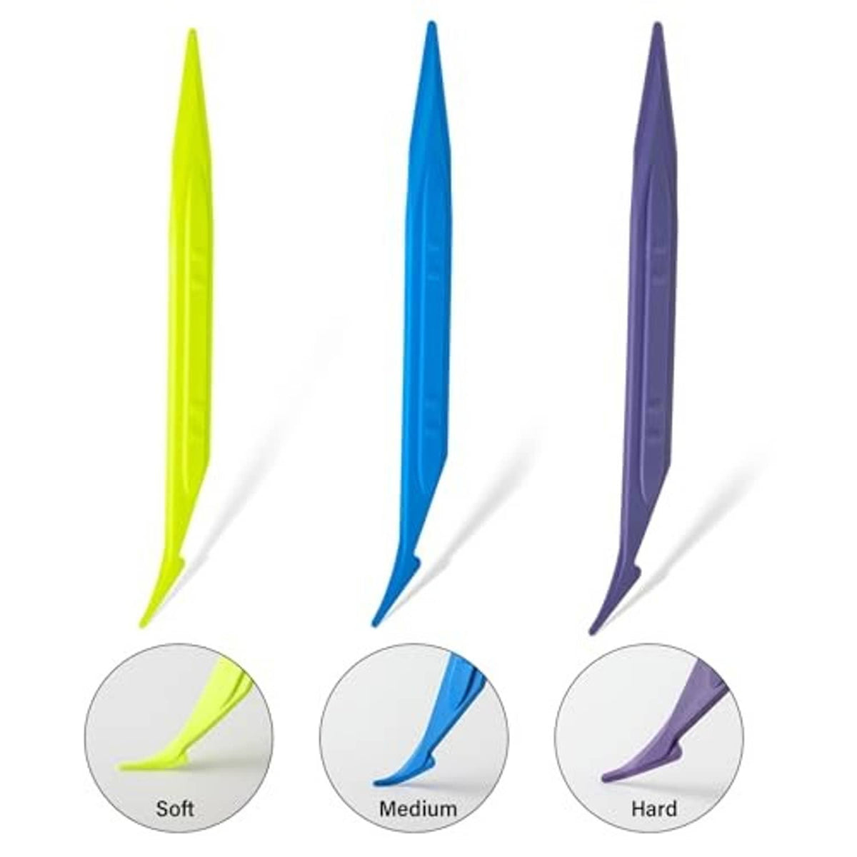 Three double-edge vinyl wrap tucking tools in lime, blue, and purple