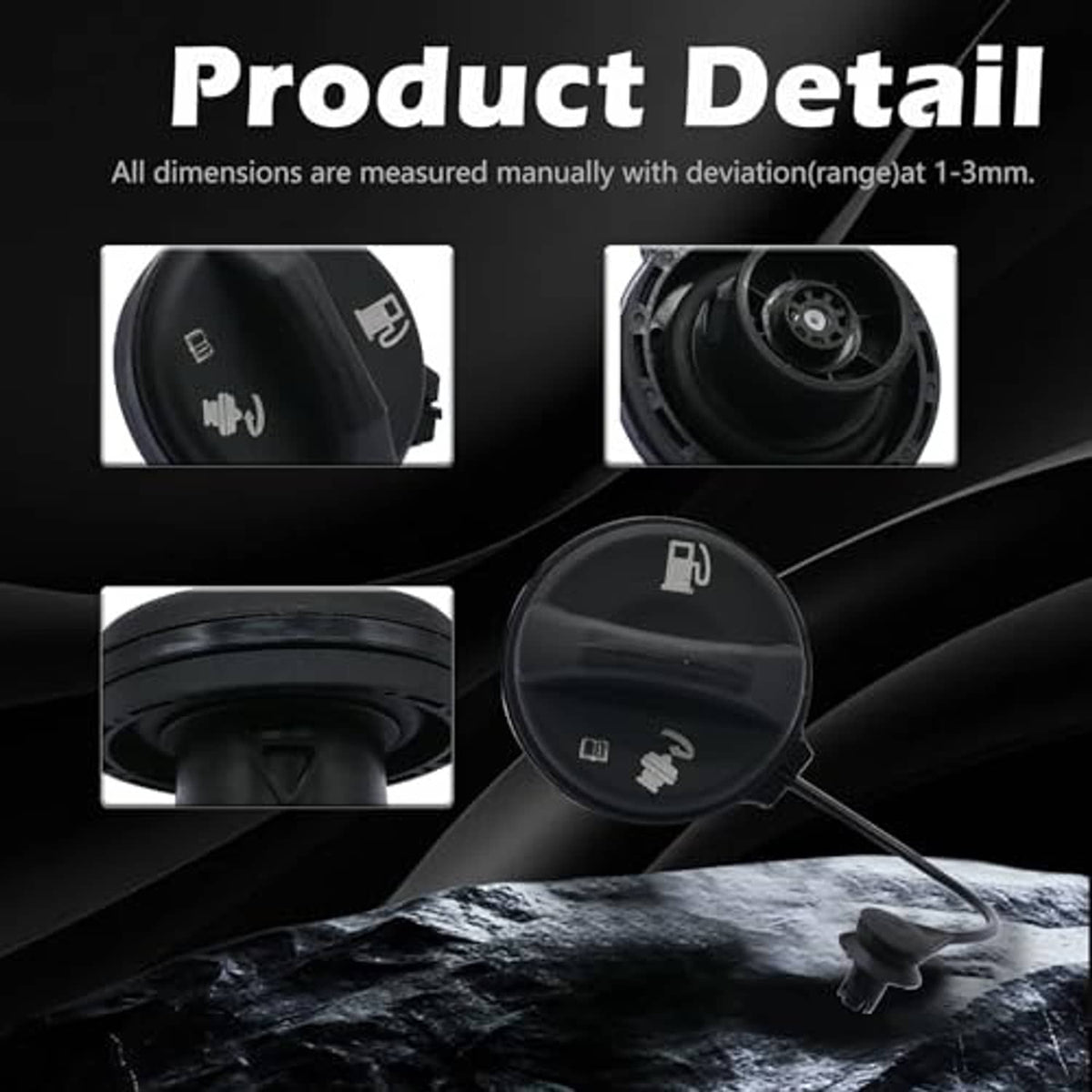 Round black fuel tank filler cap with hose, side view and close-up details