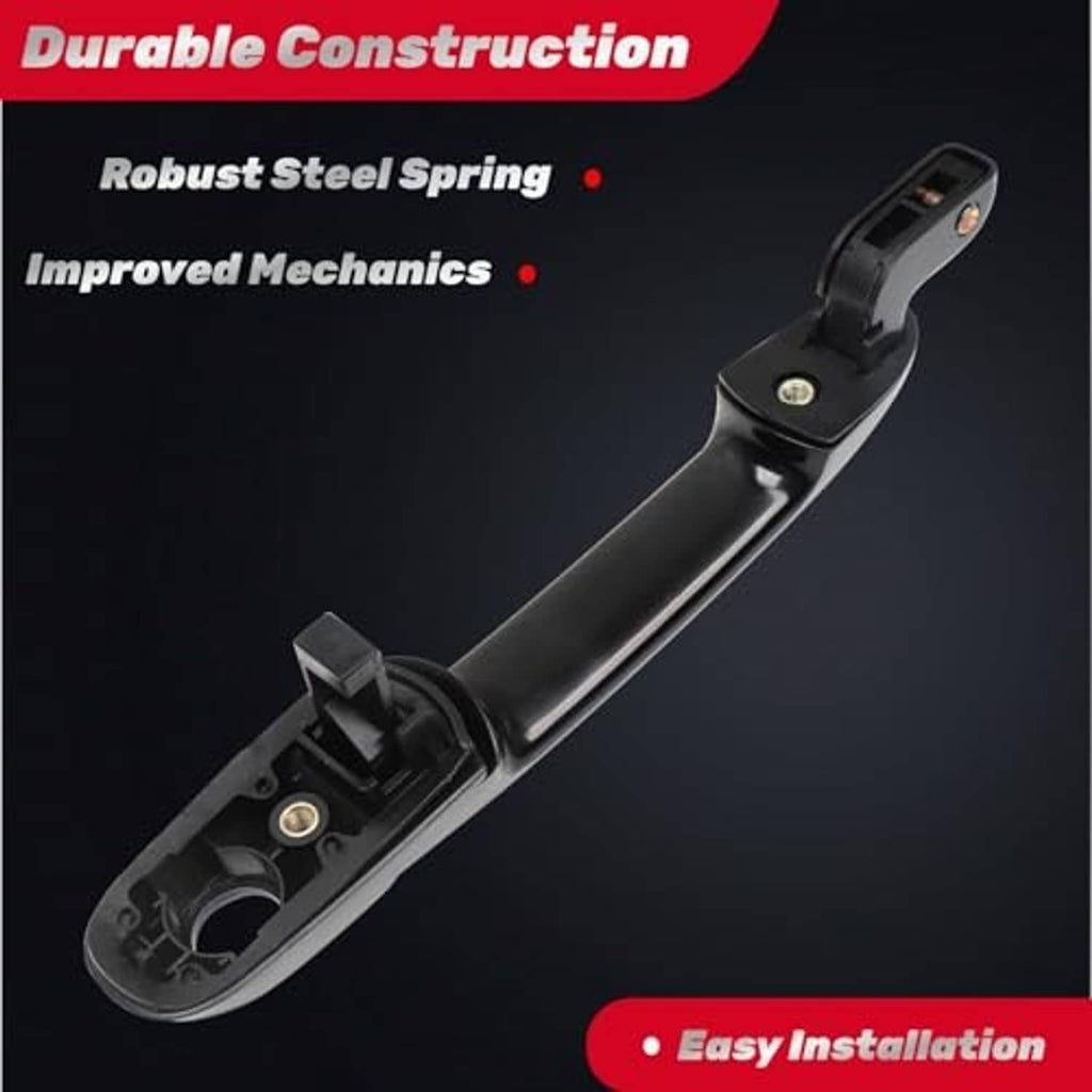 Black exterior door handle with visible inner latch mechanism, underside view