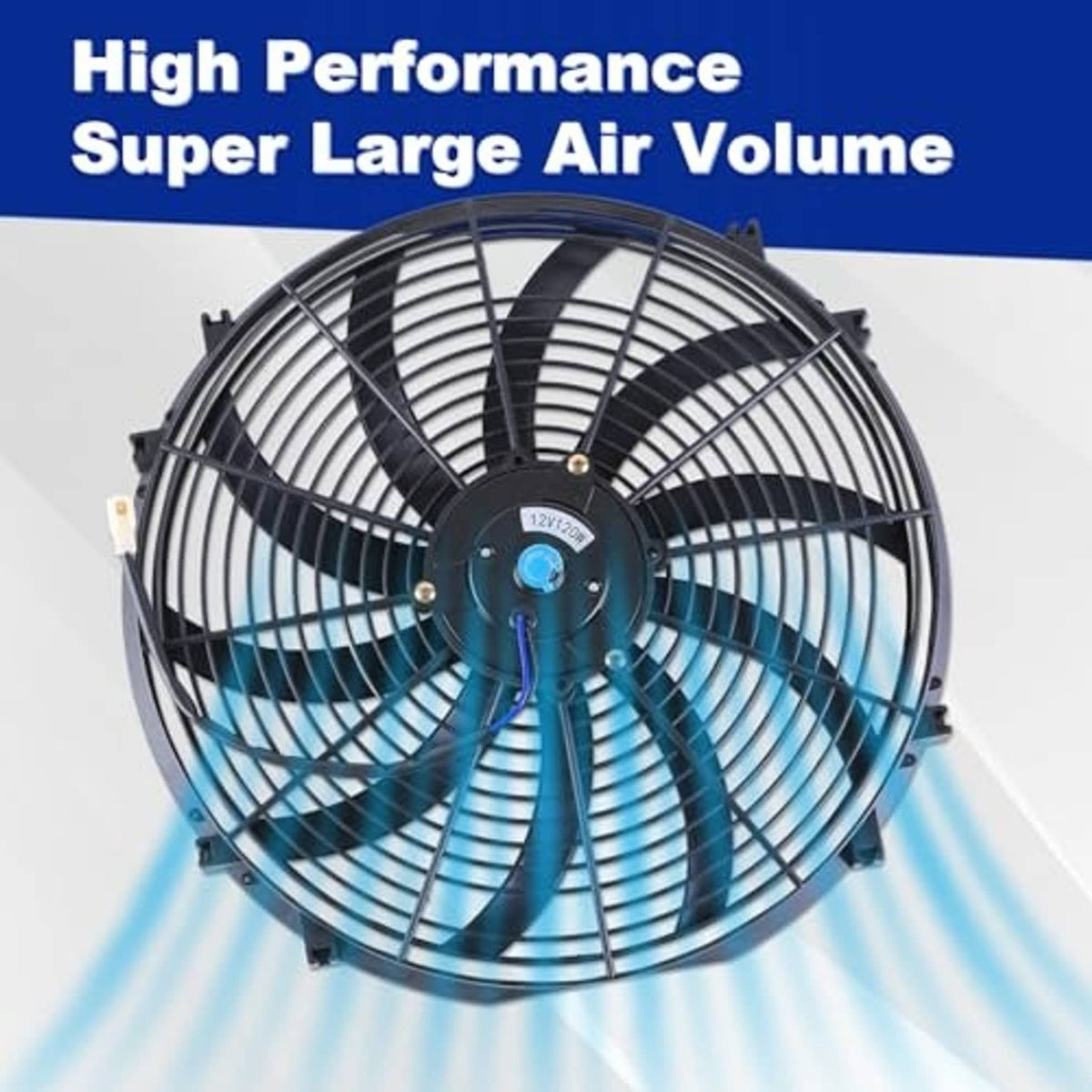 16-inch radiator cooling fan with blue airflow effect and central motor hub