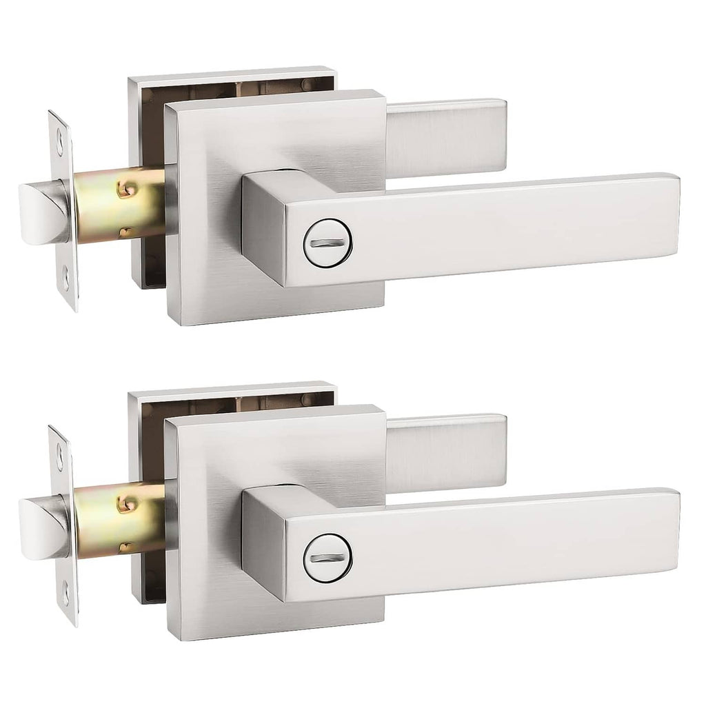 Brushed nickel modern square door handle lever set, shown as two units with rosettes.