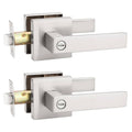 Brushed nickel modern square door handle lever set, shown as two units with rosettes.