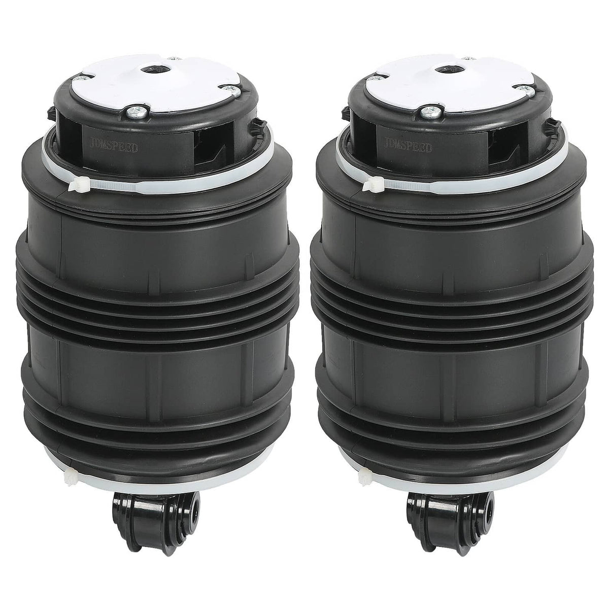 Pair of black rear air suspension springs with silver top plates and mounting holes.