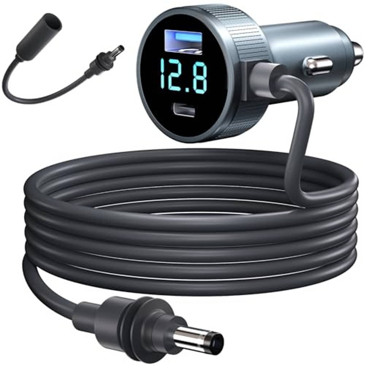 Car cigarette-lighter power adapter with coiled 10 ft cable and blue LED voltage display
