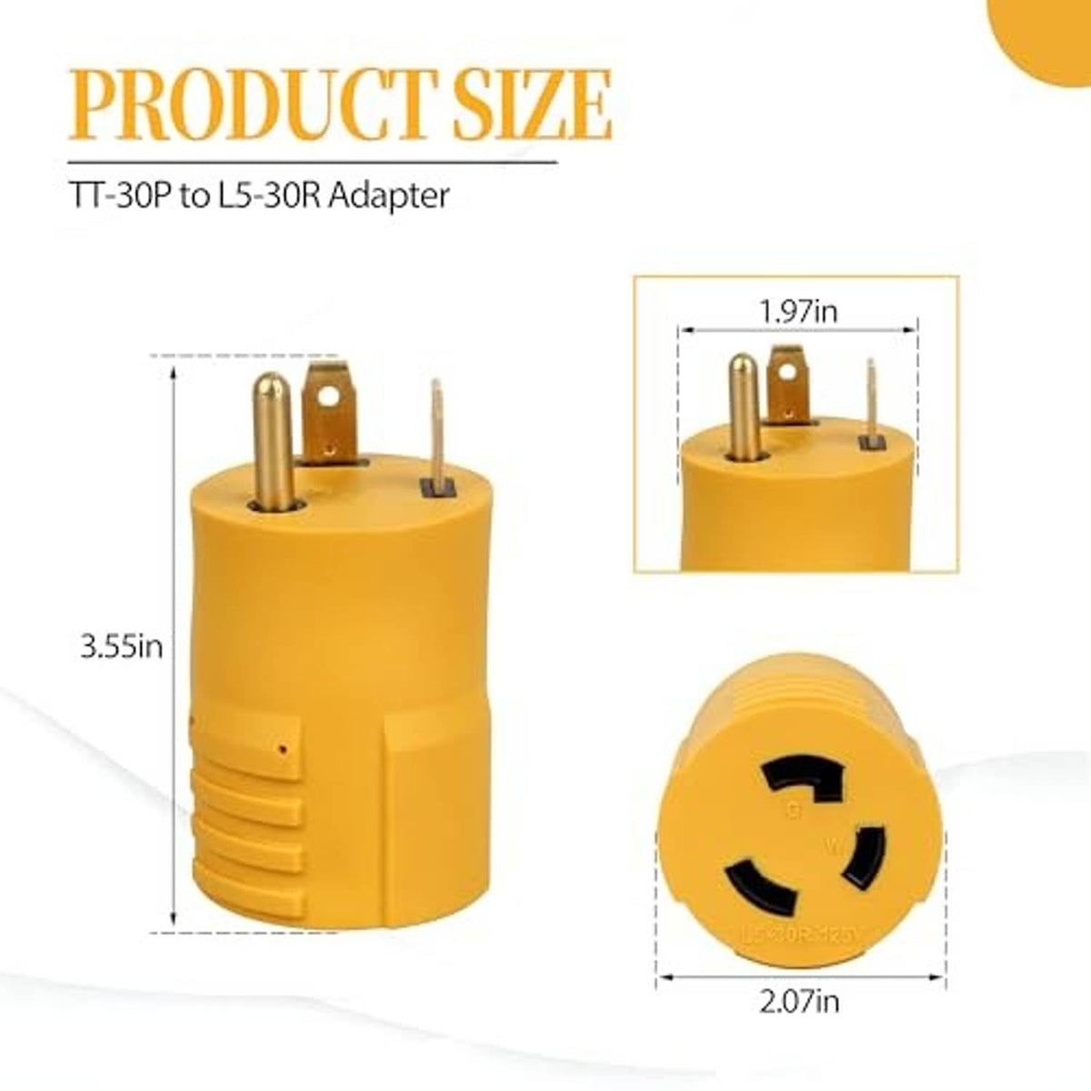 Yellow RV power adapter plug and locking female connector, product size diagram shown.