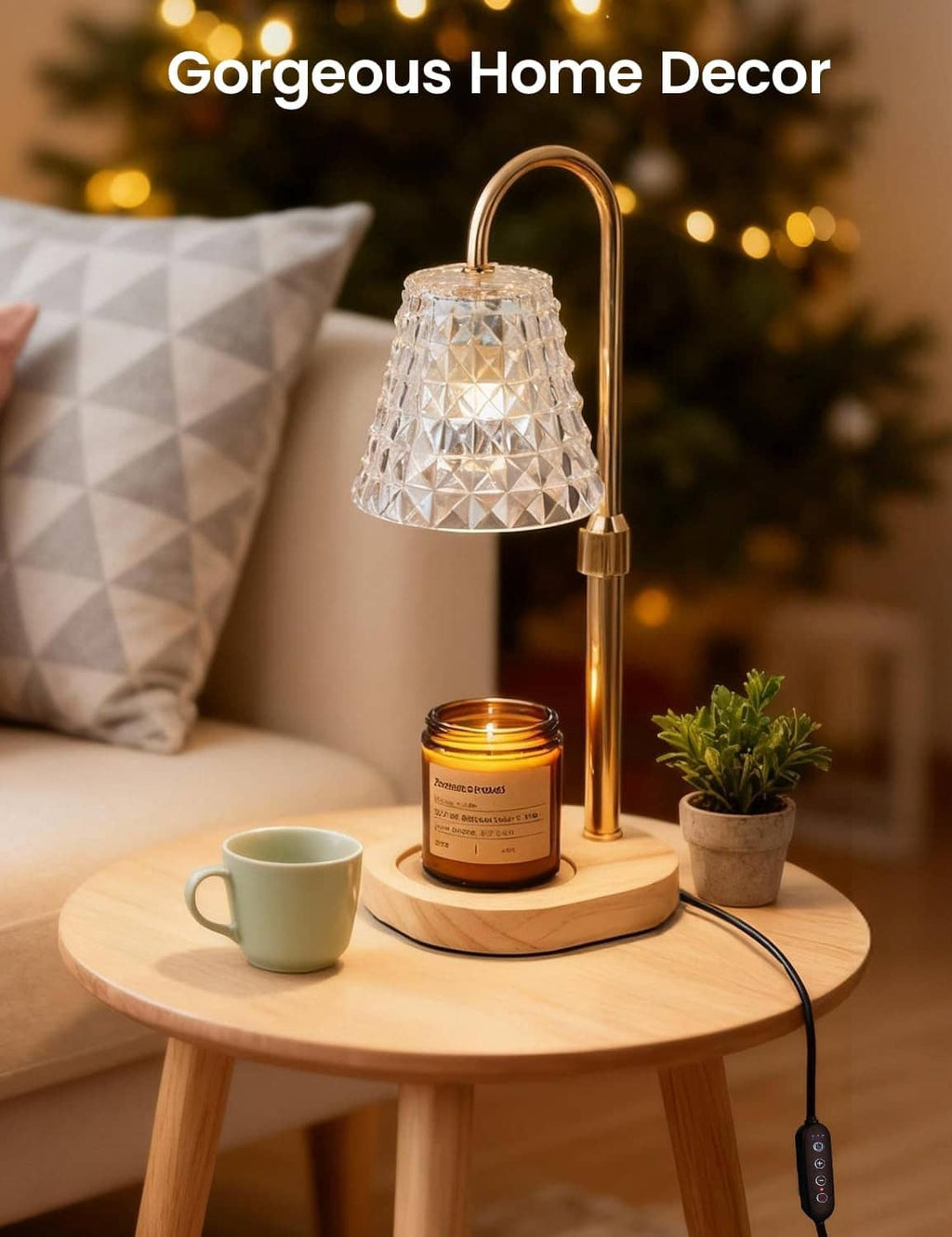 Diamond-cut candle warmer lamp on side table with lit candle jar and mug nearby