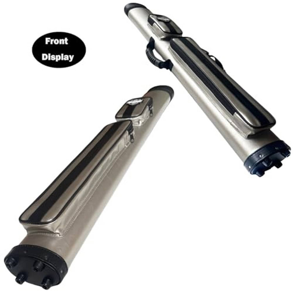 Pool cue case with oval hard-shell and top latch, open end with 4-slot insert, silver/white.