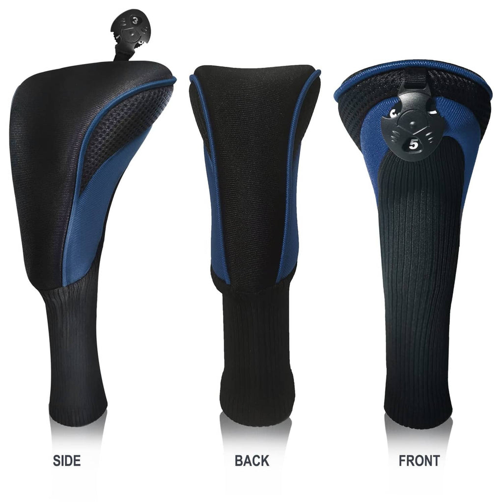 Interchangeable number-tag head covers (3), black with blue trim, front/back views