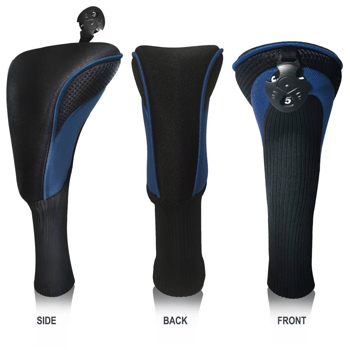 Interchangeable number-tag head covers (3), black with blue trim, front/back views