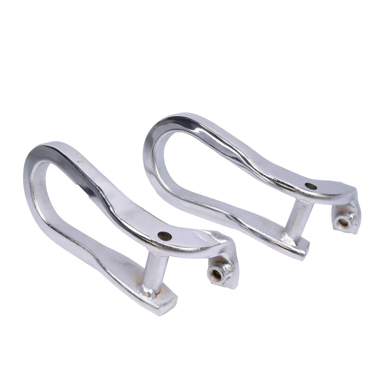 Pair of chrome tow hooks with loop frames and mounting points for installation
