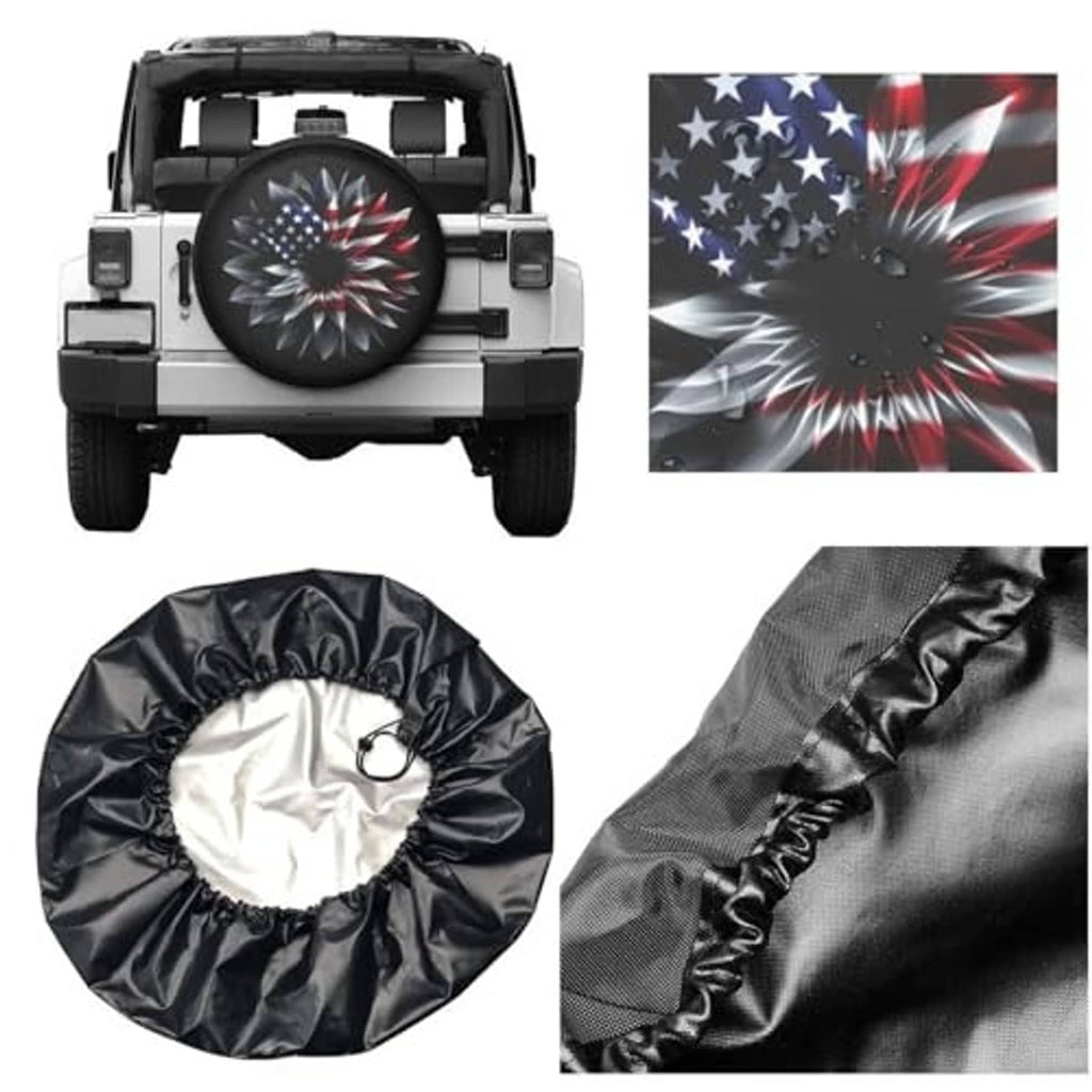 Universal spare tire cover shown flat and in fabric close-up, black with flag flower print