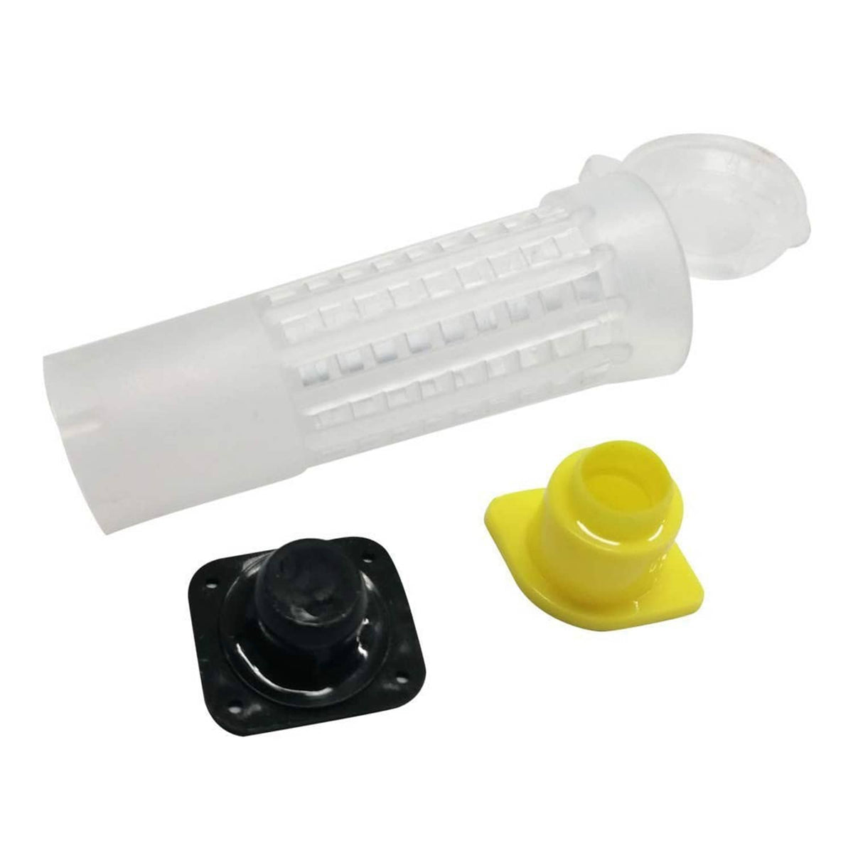 Clear roller cage tube with yellow end cap and black mounting base