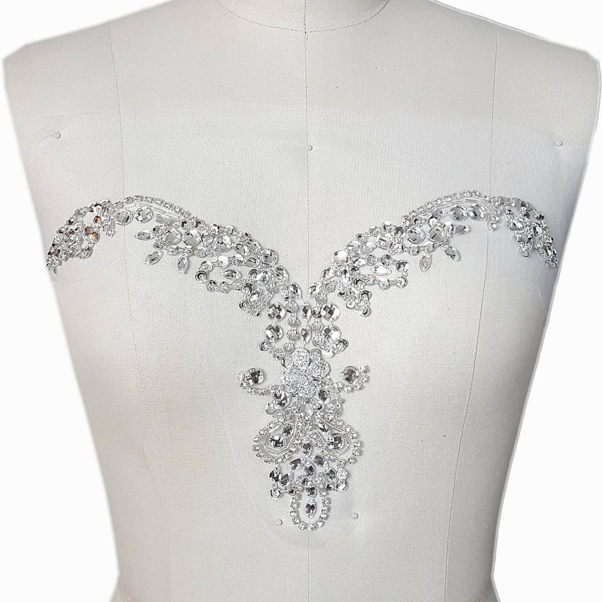 Crystal and rhinestone beaded V-neck neckline trim with symmetrical scalloped top