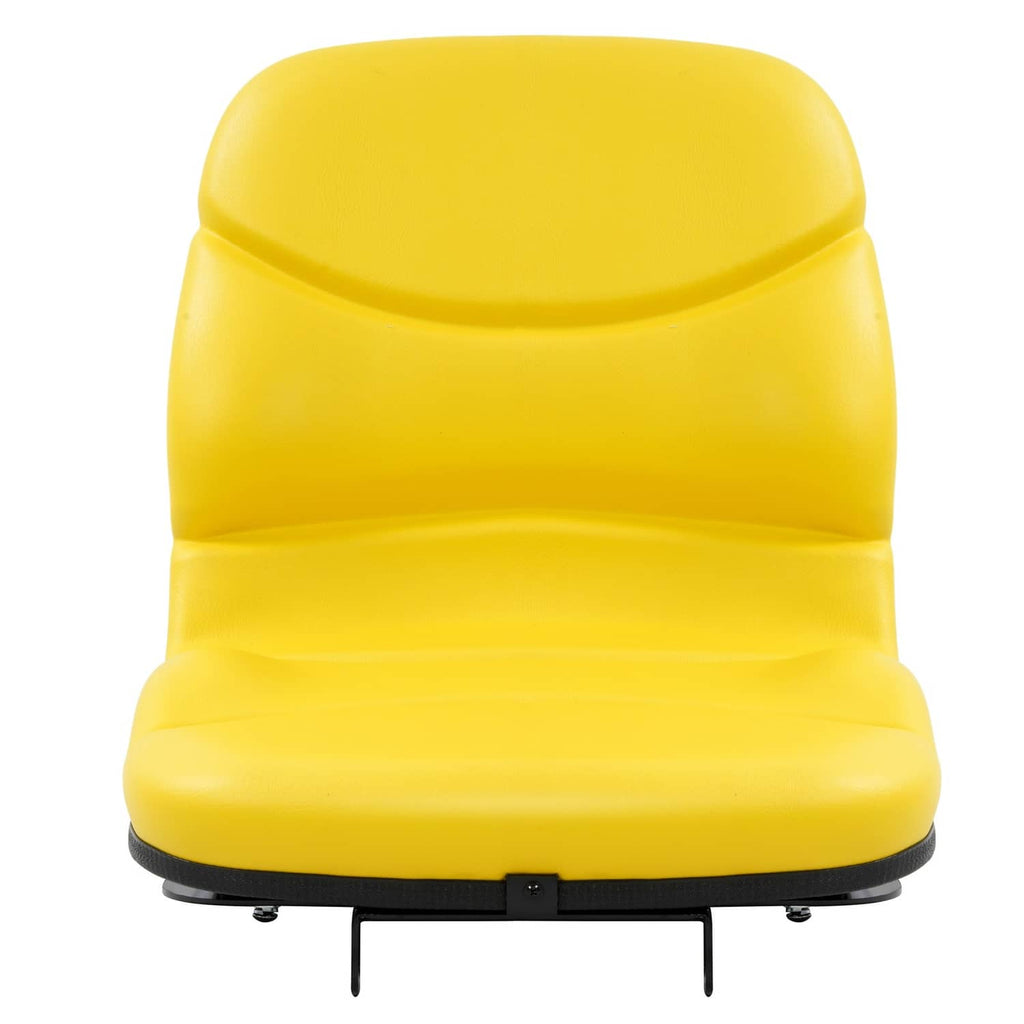 Yellow tractor seat with padded backrest and black bottom support bar
