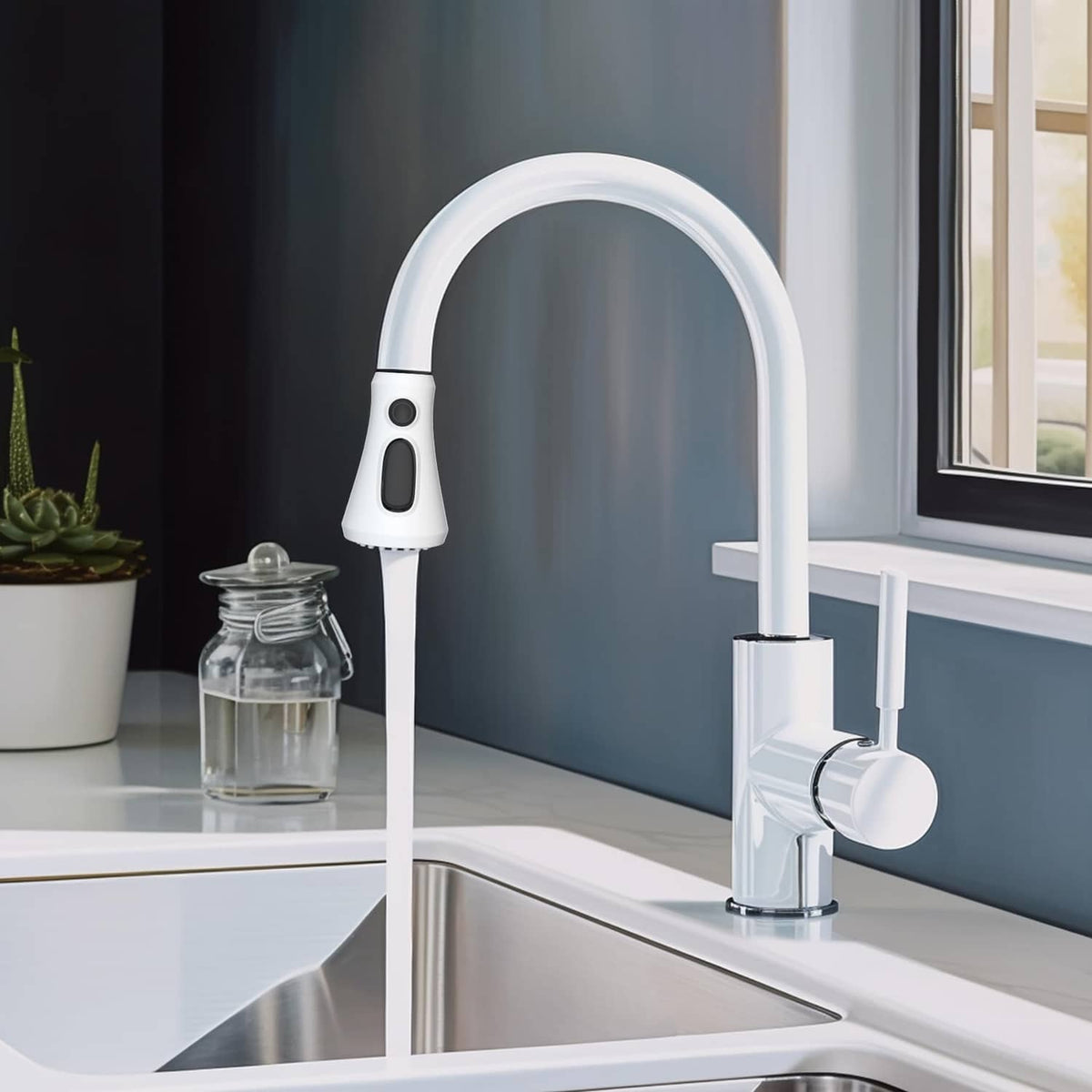 White pull-down faucet sprayer attached to a kitchen gooseneck faucet