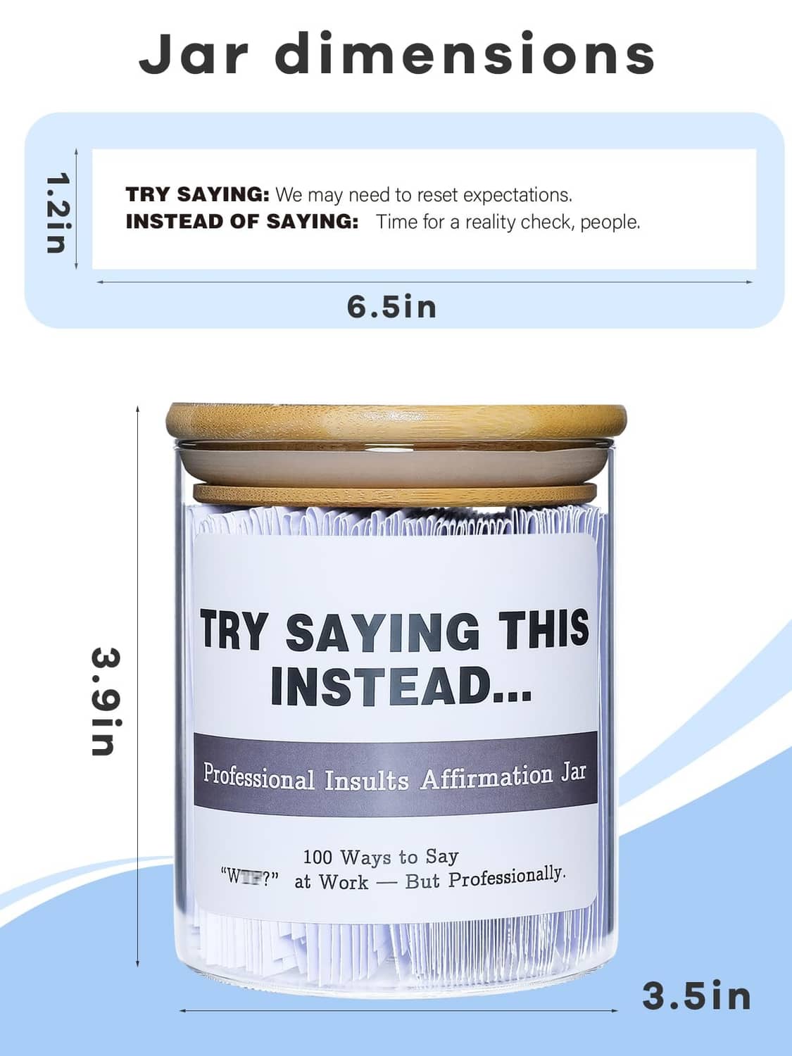 Glass affirmation jar with bamboo lid, printed label and size diagram (6.5 in, 3.5 in)