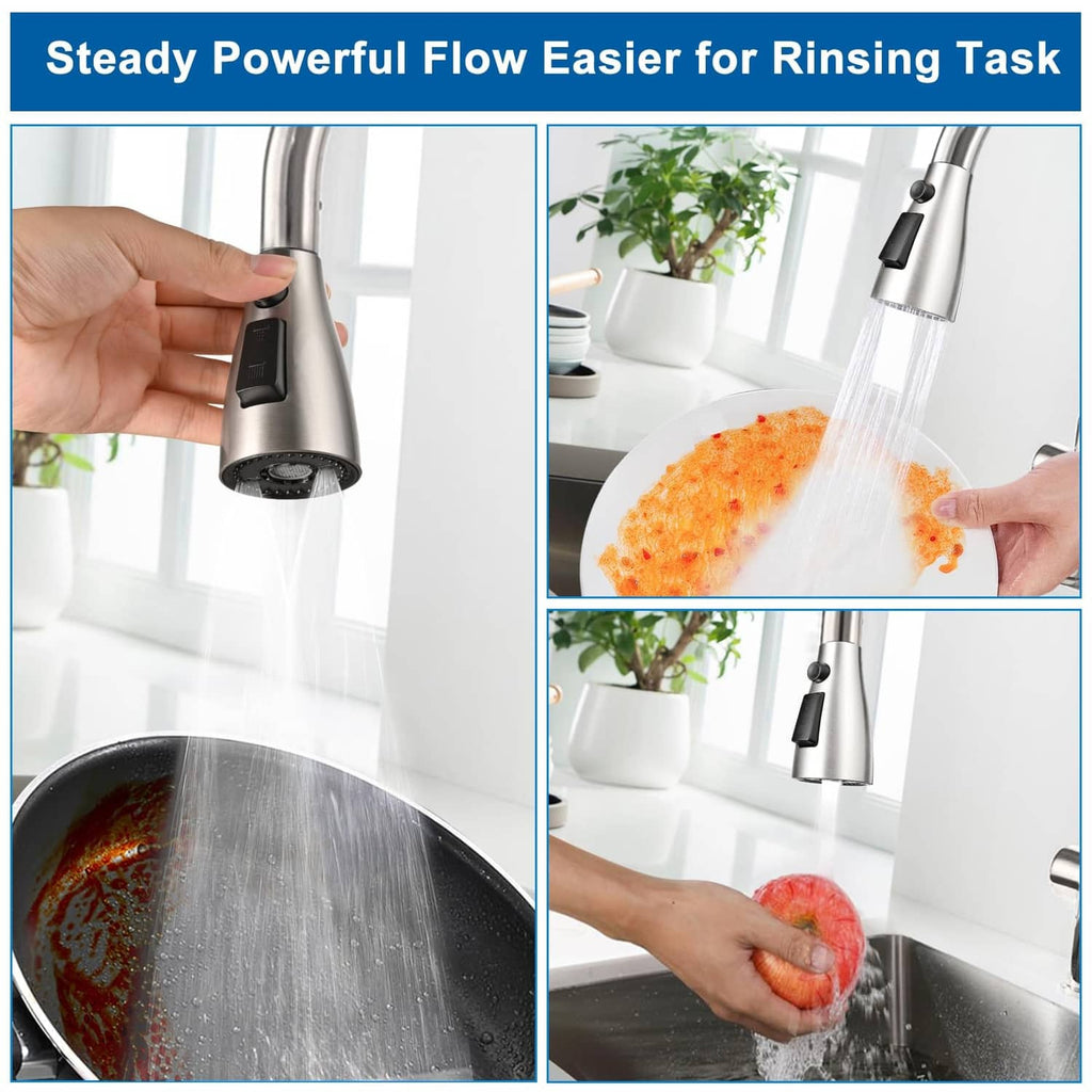 Brushed nickel faucet head with black spray insert delivering a strong water flow