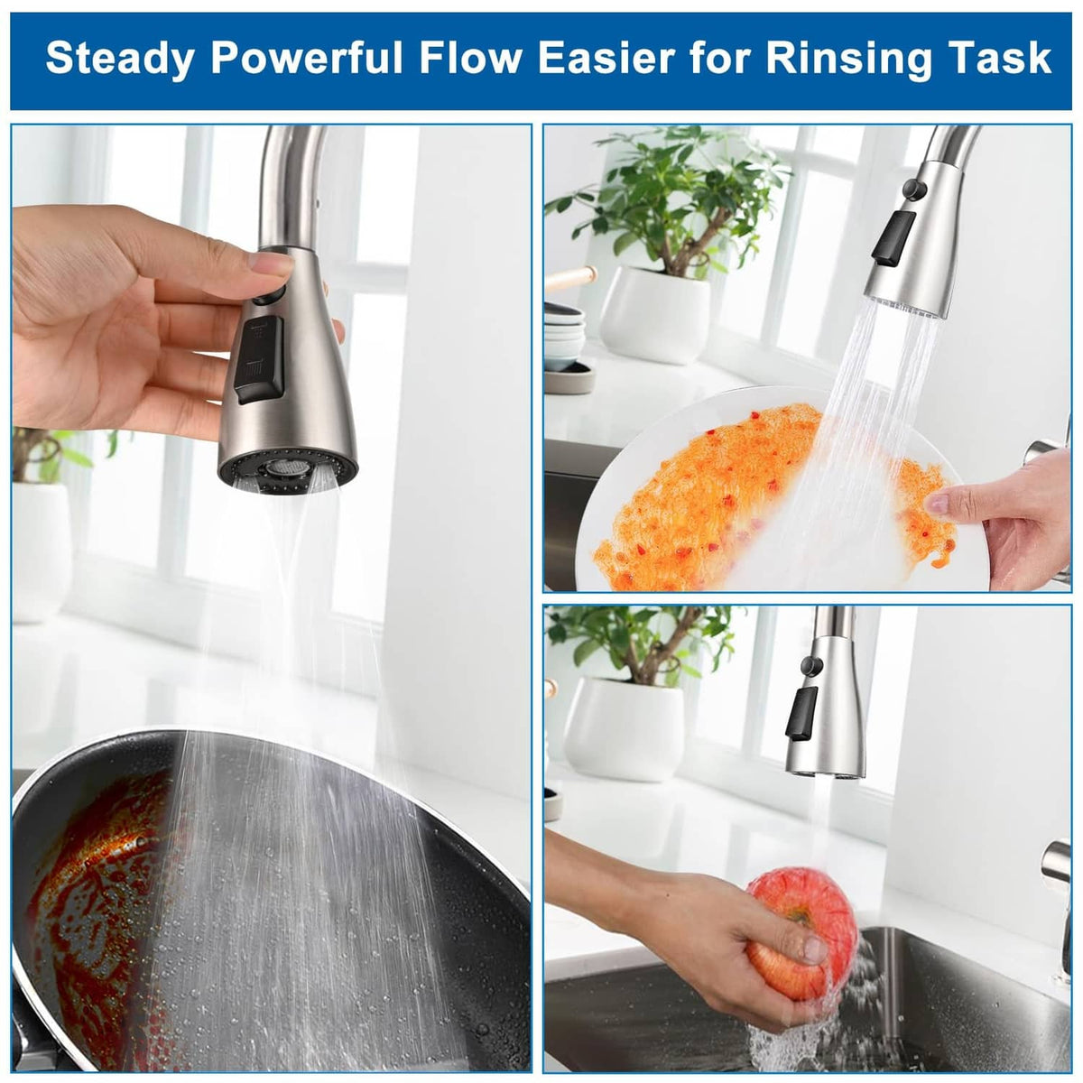 Brushed nickel faucet head with black spray insert delivering a strong water flow