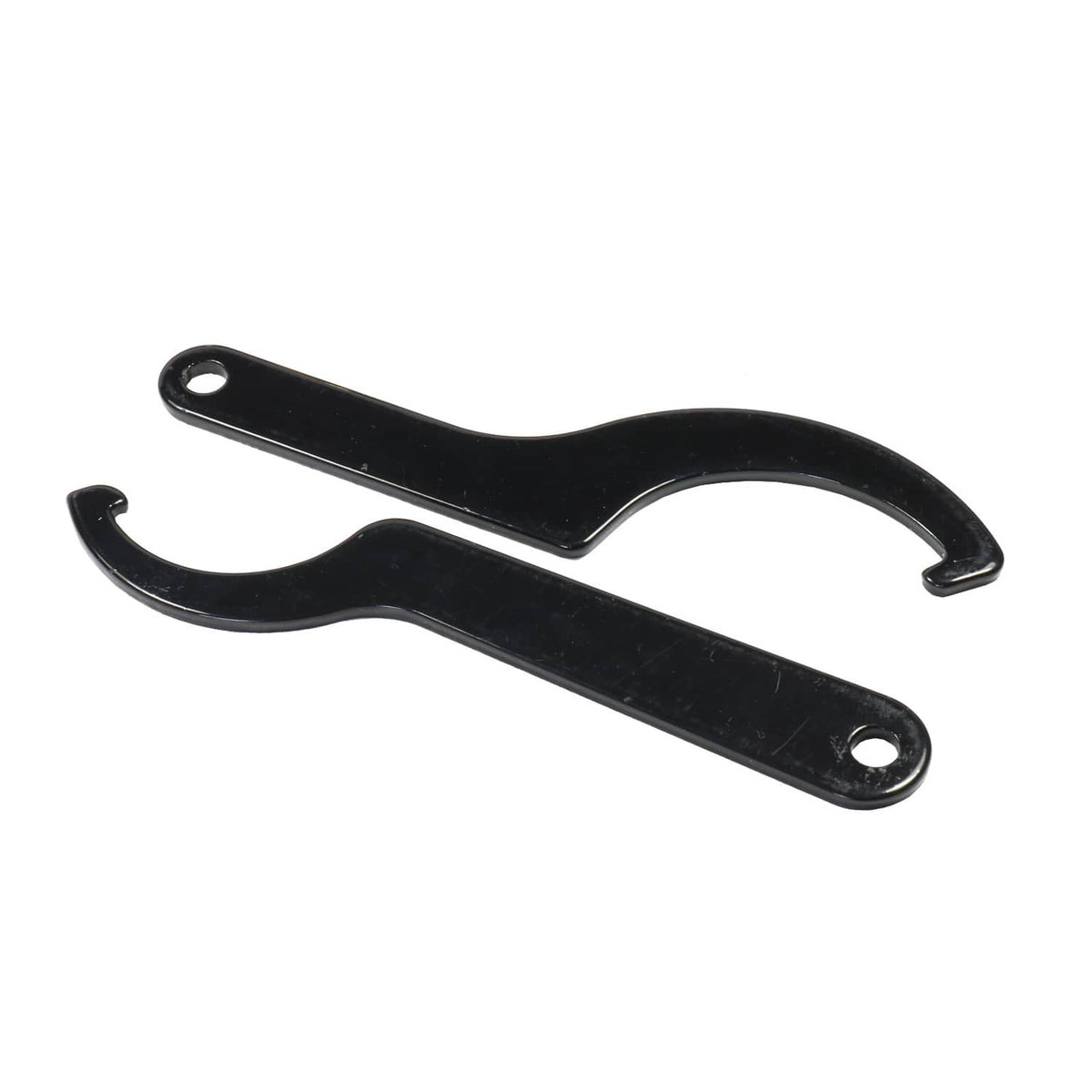 Black metal hook bracket with two mounting holes and curved ends