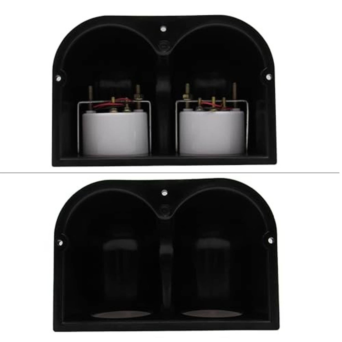 Black dual gauge dashboard pod with two internal cavities and mounting holes