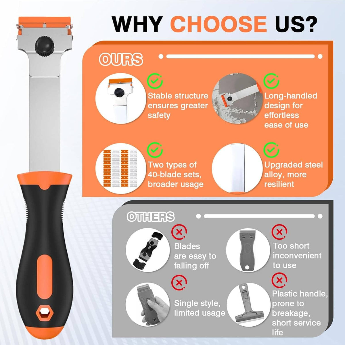 Razor blade scraper tool with black handle and orange end cap, shown with blade holder