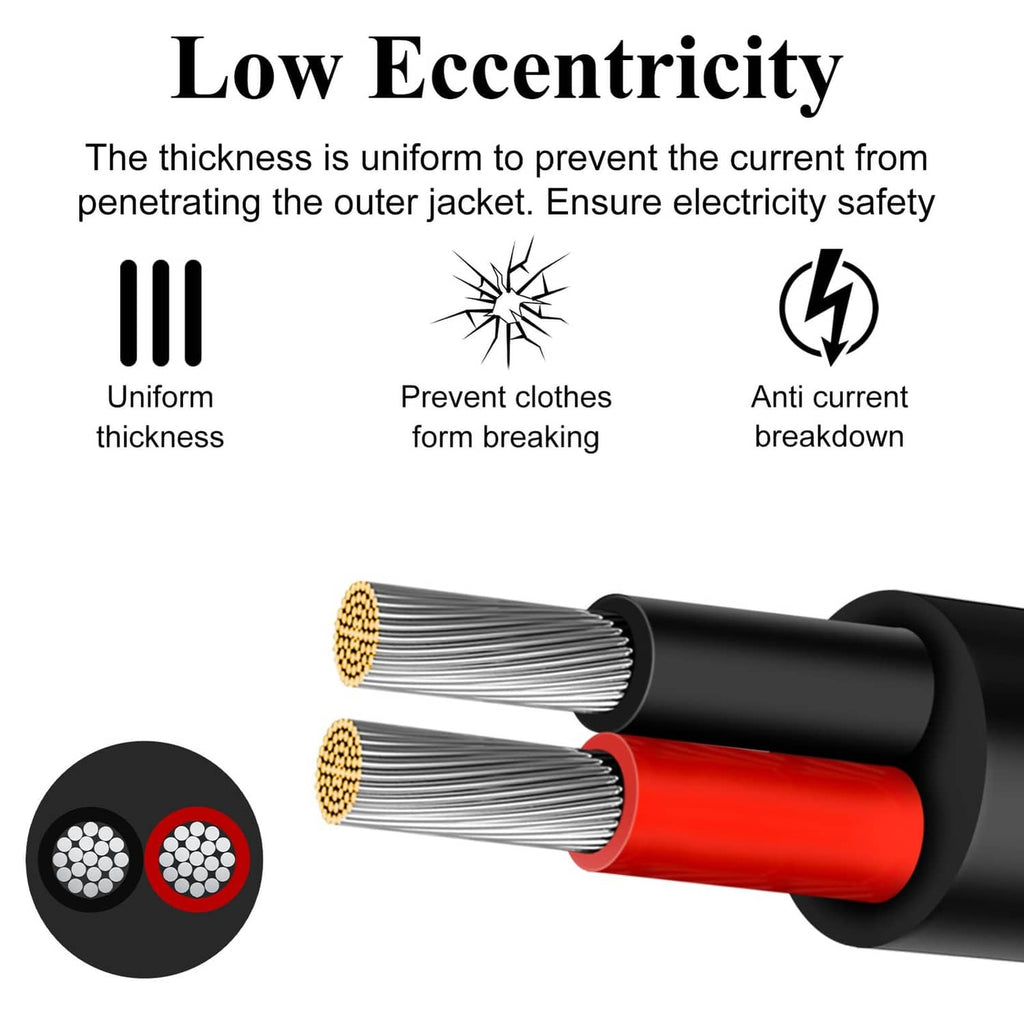 Low-voltage 2-conductor wire with uniform core thickness, red and black insulated pair