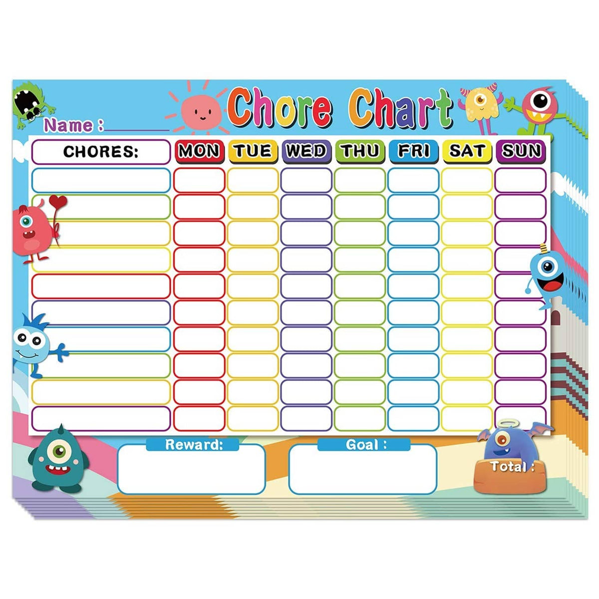 Kids dry-erase chore reward chart with weekly grid, blank chore rows, and monsters