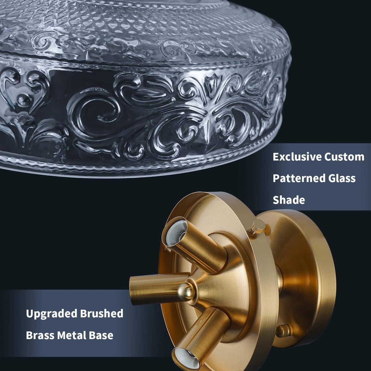 Close-up of gold metal base and patterned clear glass shade for ceiling light
