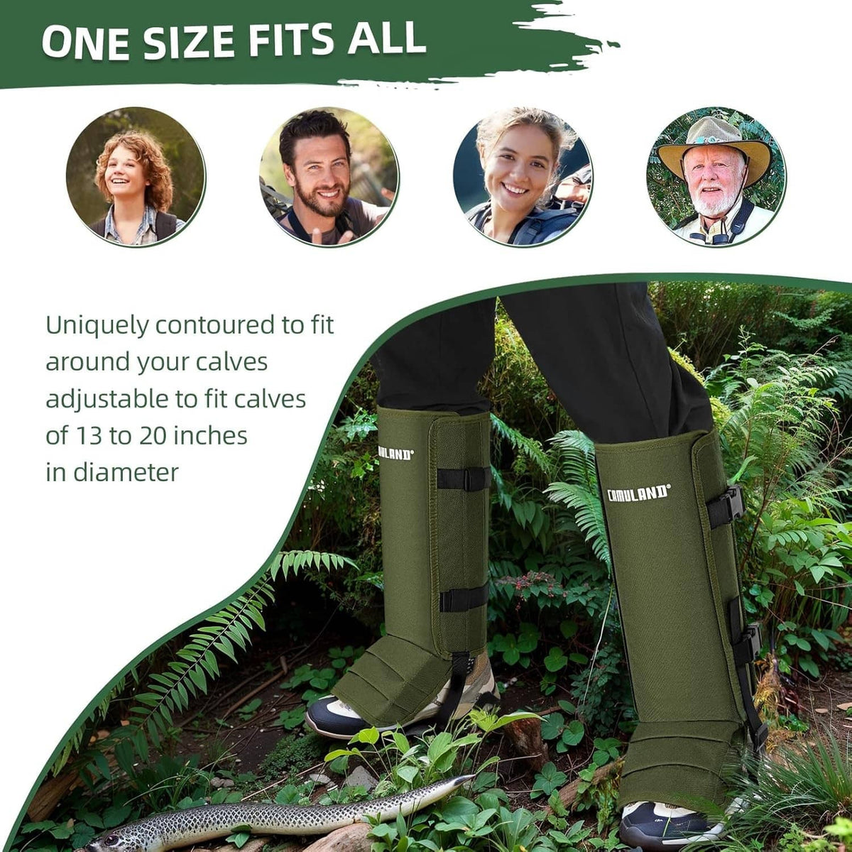 Green snake gaiters worn on calves, contoured fit with adjustable wrap straps