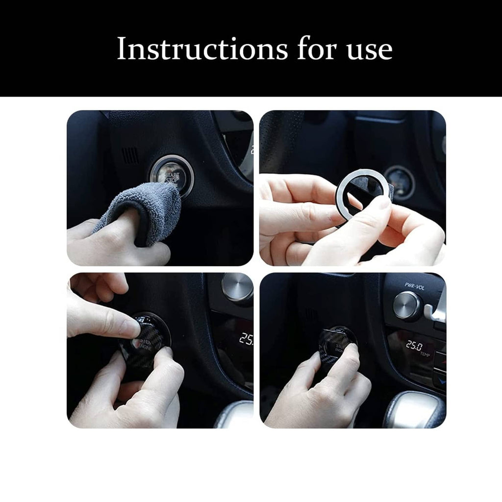 Carbon fiber engine start/stop button cover installation shown with hands and alignment