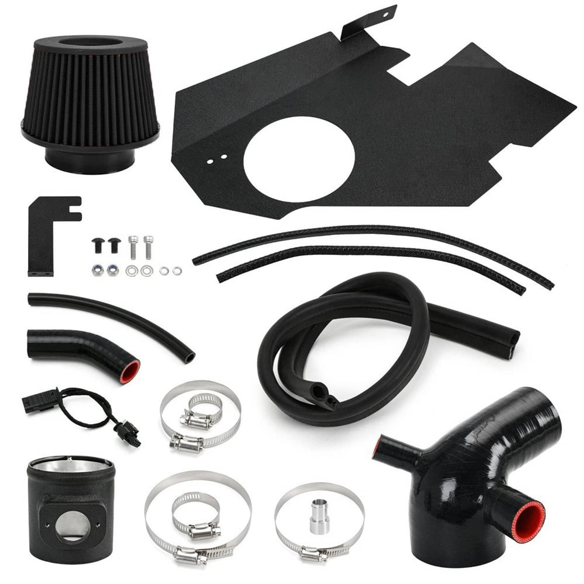Cold air intake components set: filter, black intake tubes, clamps, and wiring