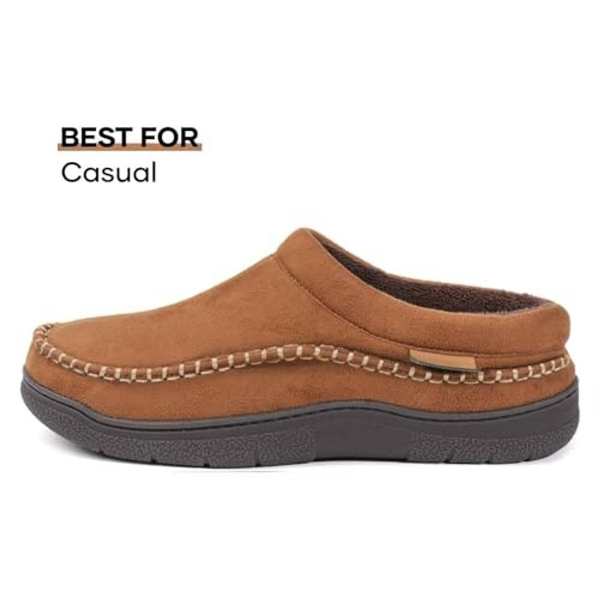 Men's tan suede slip-on moccasin with low profile dark gray rubber sole