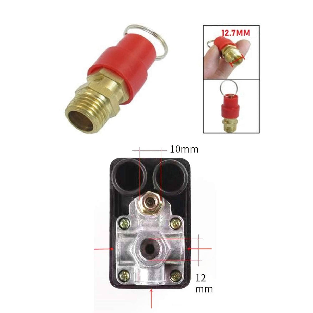 Brass threaded fitting with red quick-connect and metal valve body with black ports