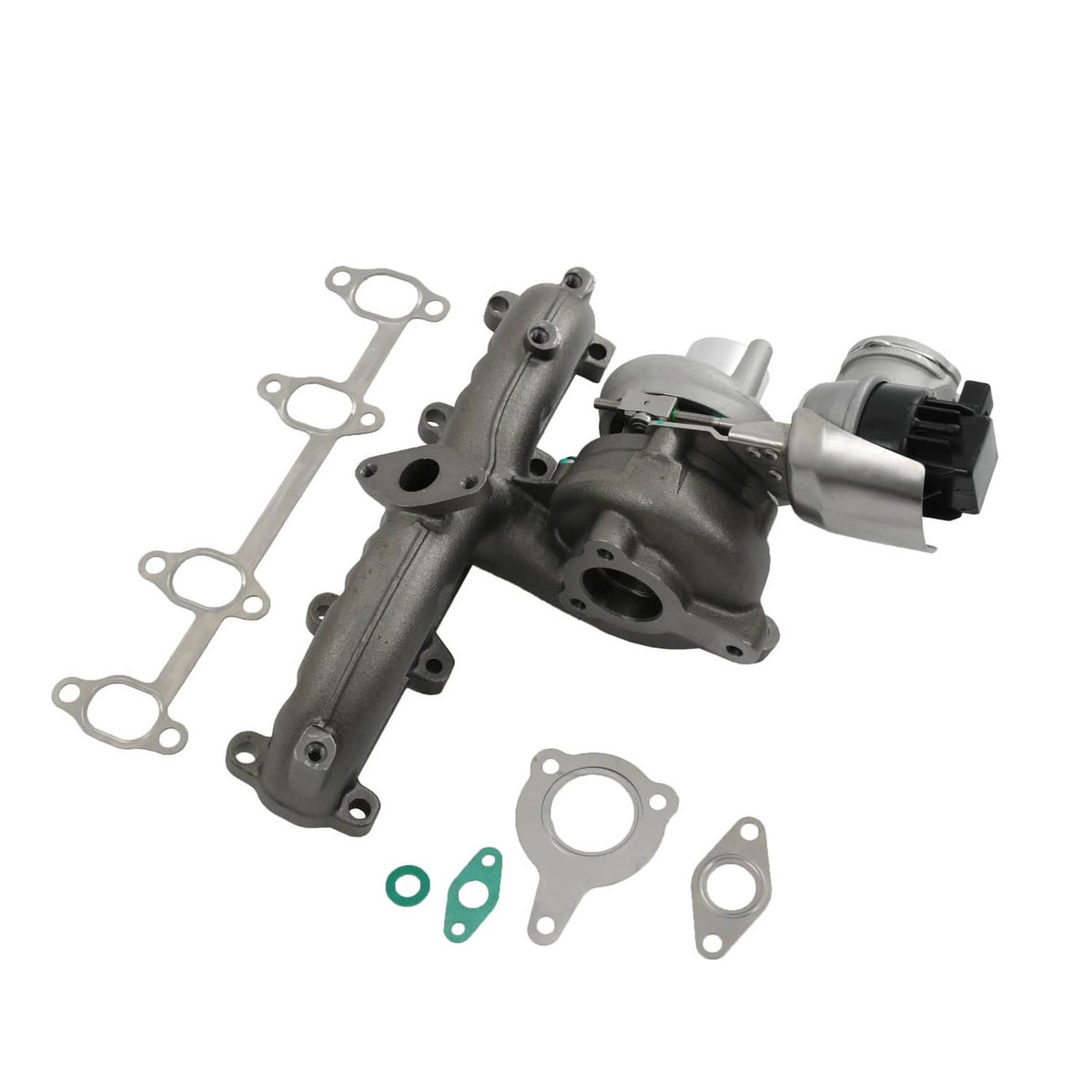 Turbocharger assembly with oil control housing and attached metal manifold