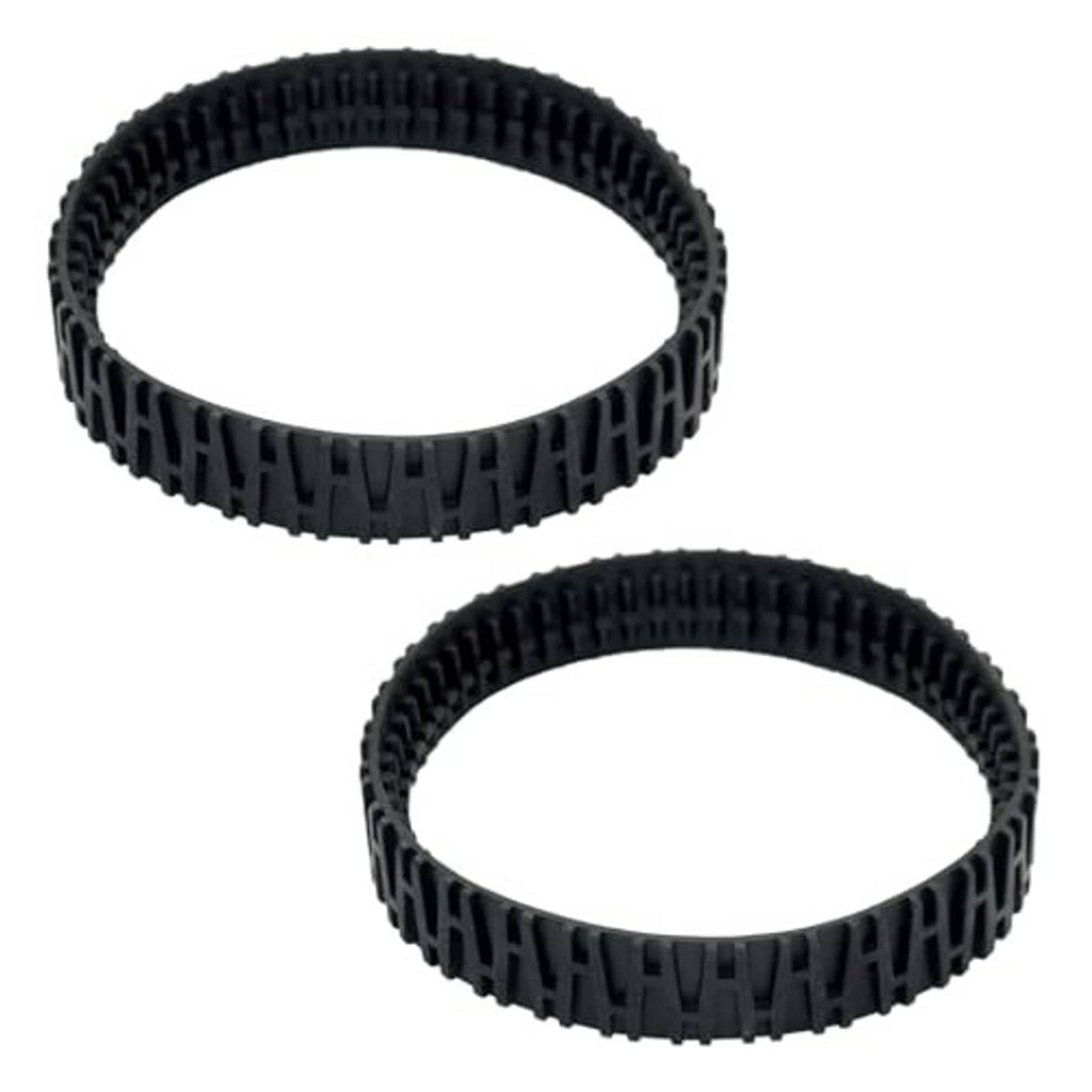 Two black rubber pool cleaner track belts with ribbed tread blocks