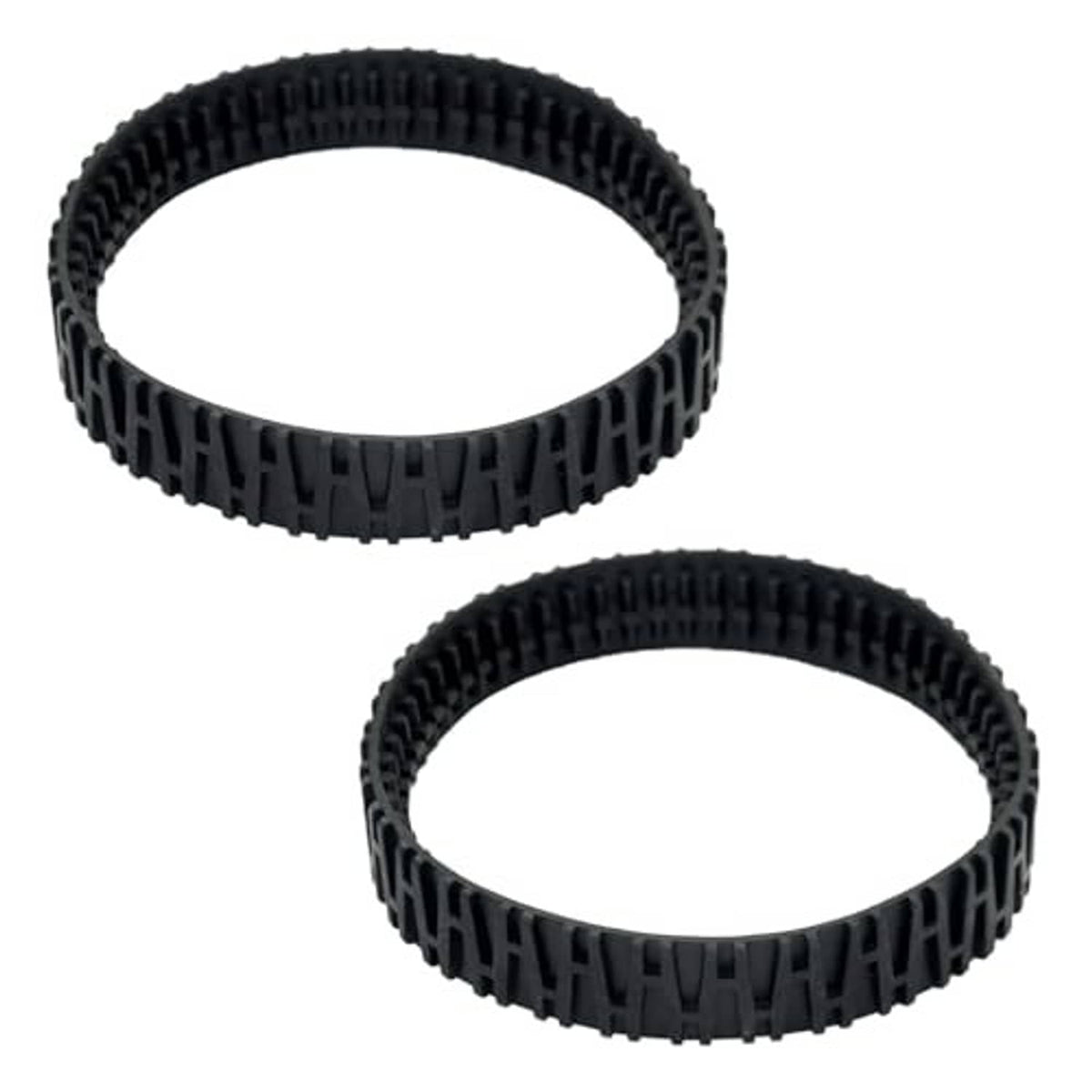 Two black rubber pool cleaner track belts with ribbed tread blocks