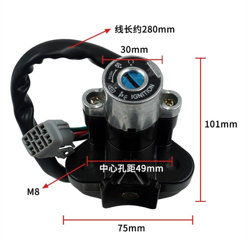 Ignition switch lock cylinder with wiring plug and metal ring, blue key insert