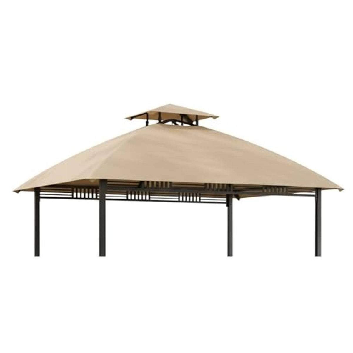 Replacement grill canopy top, beige fabric shade with black support posts and side rails