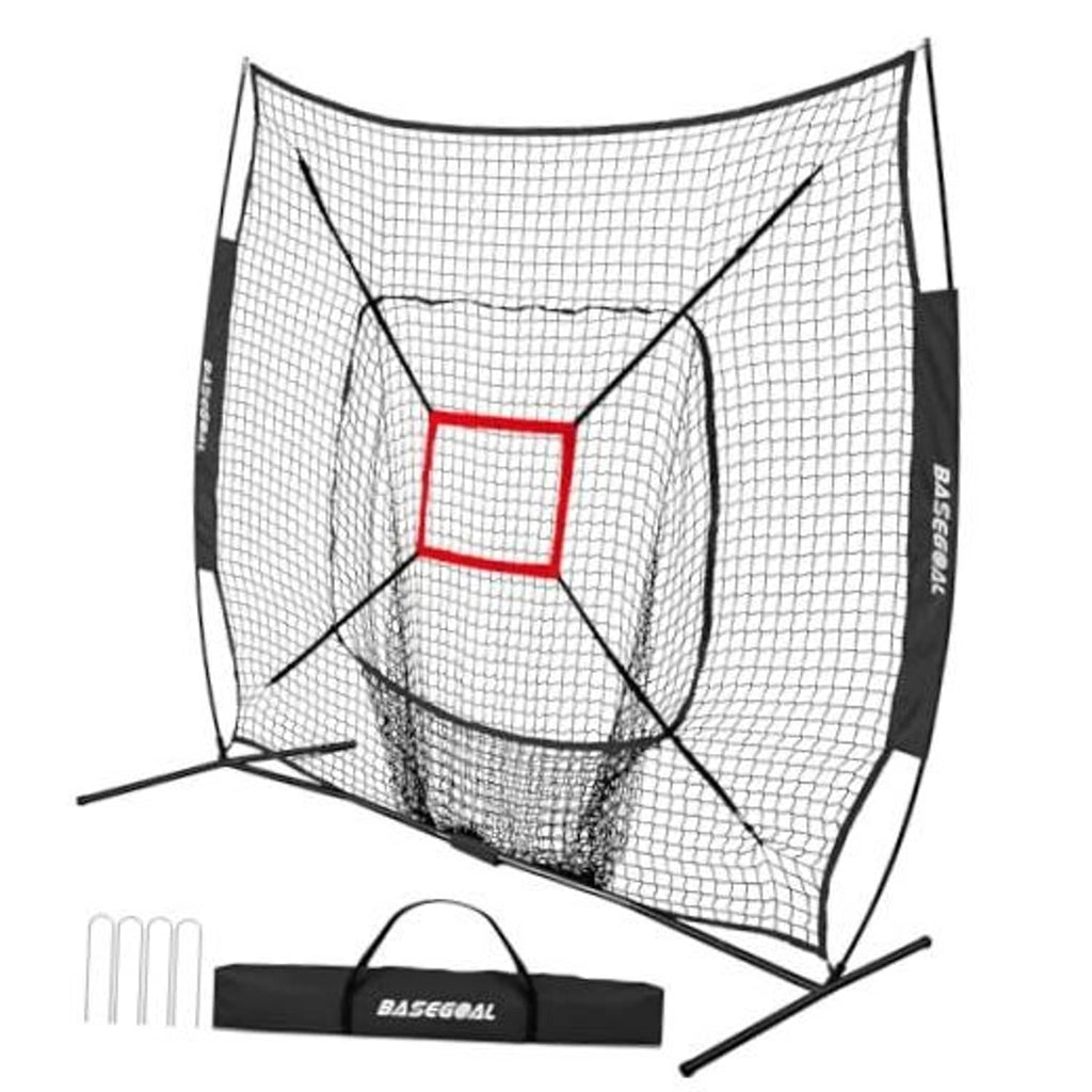 Portable baseball practice net with black frame, white mesh, and red strike zone target