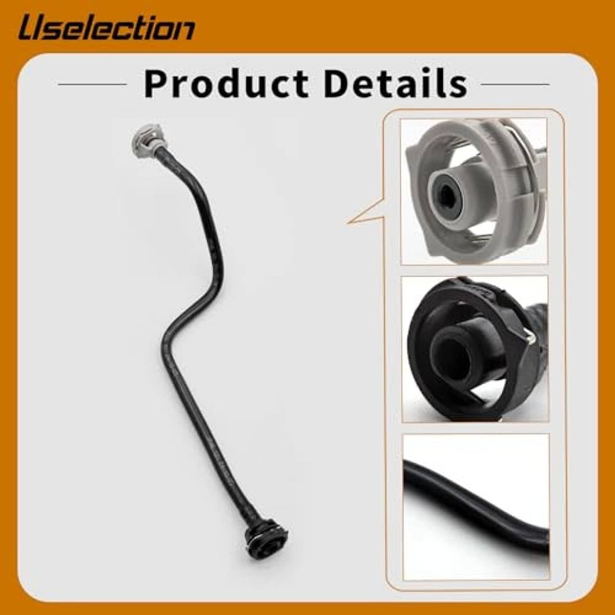 Radiator coolant hose with gray flange connector, black rubber hose, and threaded end