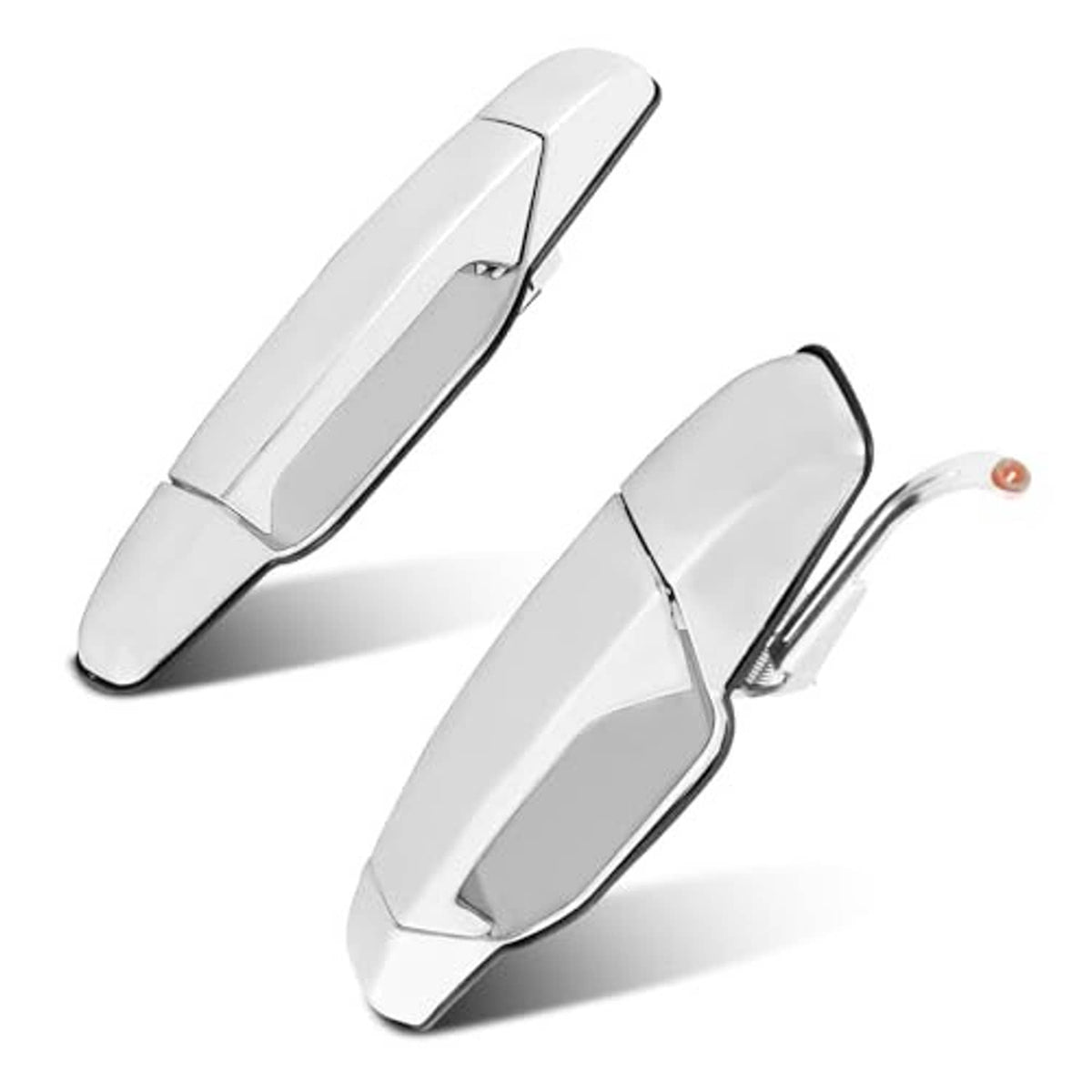 Rear left and right exterior door handle pair in white with chrome accents, shown at angle
