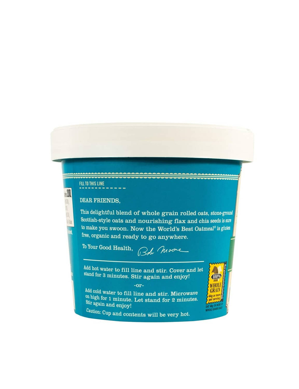 Bob's Red Mill oatmeal cup side panel with preparation instructions