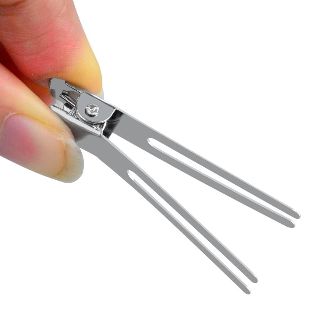 Silver double-prong hair curl setting clip held open by fingertips