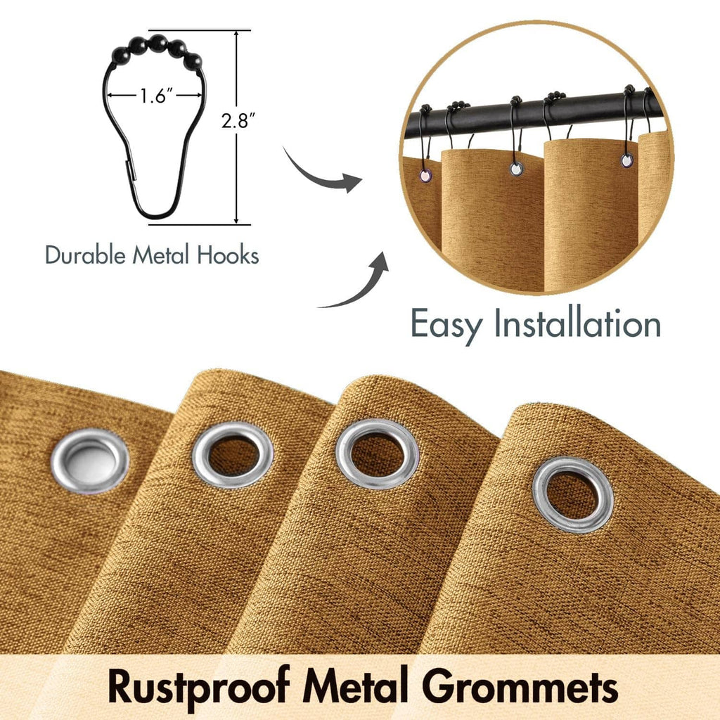 Gold faux linen shower curtain with rustproof metal grommets and durable hooks